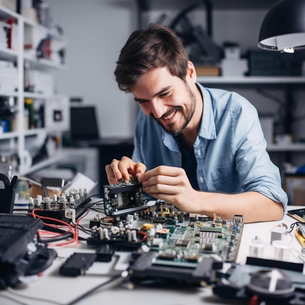 Portrait of an electronics engineer working in a professional workshop with tin soldering parts