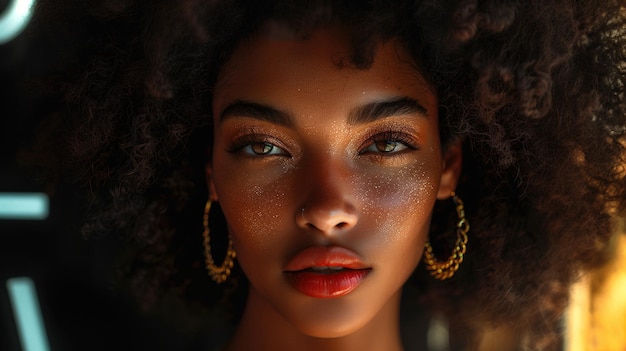 Portrait of elegant afro woman with gold earrings and chain banner with black background