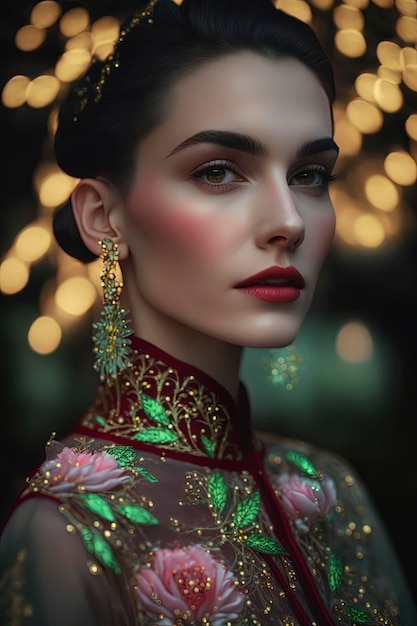 Портрет элегантной красивой кавказской молодой женщины на улице с полым светом в цвету модель магнолии цветок красный костюм зеленый шатильи розовый и изумруды AI Generated