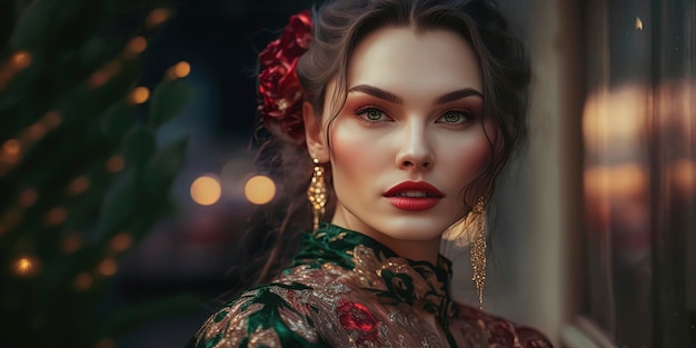 Portrait of elegant beautiful caucasian young woman on the street hollow light blossom magnolia model flower red suit green chatilly pink and emeralds AI Generated