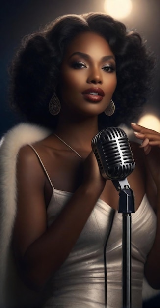 portrait of elegant black sensual woman moonlit setting sing to vintage microphone diffused light