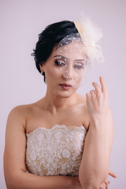 A portrait of elegant bride with beautiful eyes in veil hat posing for camera