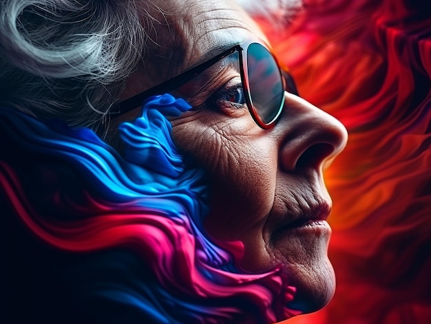 Portrait of the elegant elderly woman with fine wrinkles on color background ai generated