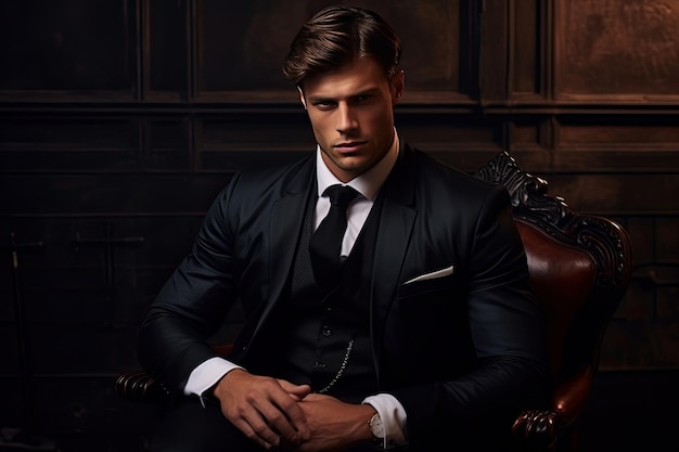 Portrait of elegant man boss model in stylish trend suit looking in camera