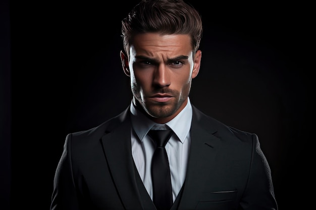 Portrait of elegant man boss model in stylish trend suit looking in camera