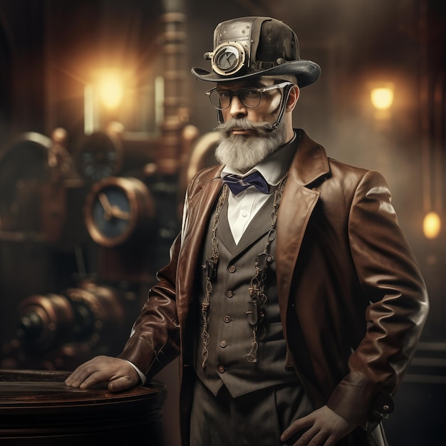 Портрет элегантного зрелого стимпанк-мужчины в очках, кожаной куртке и шляпе в стиле промышленной футуристической моды