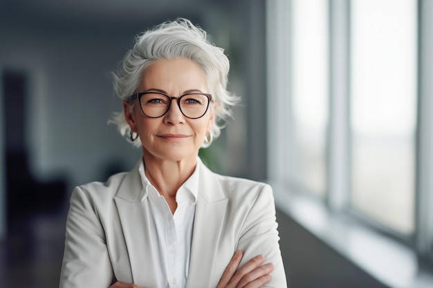 Foto ritratto di un'elegante donna d'affari di mezza età di 50 anni con i capelli d'argento in occhiali