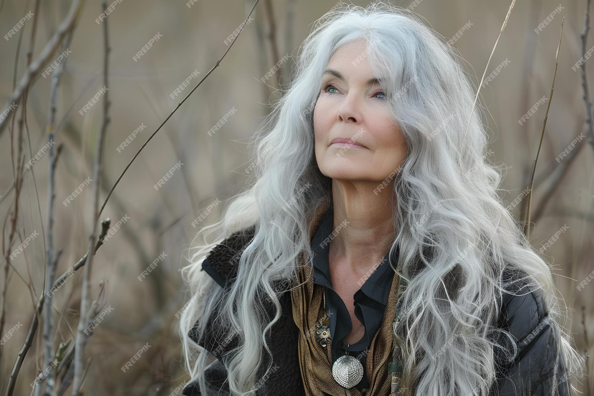 Premium Photo Portrait of an Elegant Older Woman with Long Gray Hair