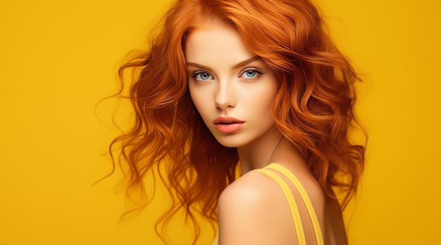 Portrait of a elegant sexy happy caucasian woman with perfect skin and red hair on a yellow backgro