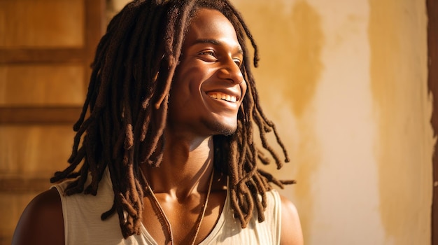 Portrait of an elegant sexy smiling African man with dark and perfect skin and long hair on a golden