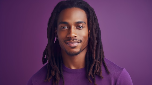 Portrait of an elegant sexy smiling African man with dark and perfect skin and long hair on a purple