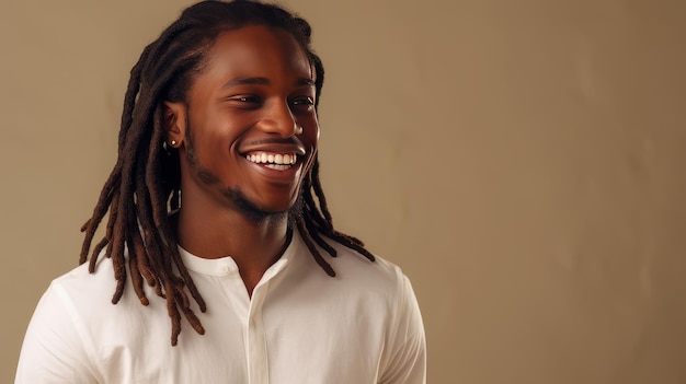 Photo portrait of an elegant sexy smiling african man with dark and perfect skin and long haircreamy beige