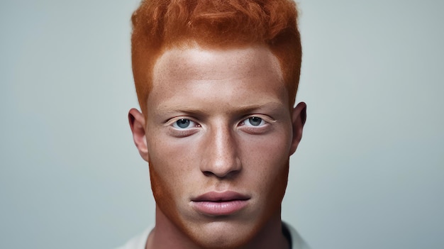 Portrait of an elegant sexy smiling African man with dark perfect skin red hair on a gray