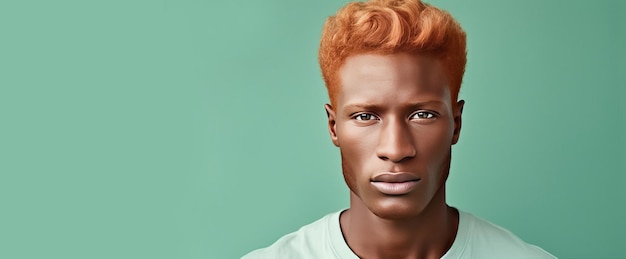 Portrait of an elegant sexy smiling African man with dark perfect skin red hair on light green back