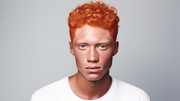 Portrait of an elegant sexy smiling African man with dark and perfect skin and red hair on a white