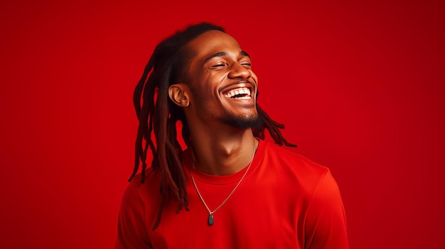 Portrait of an elegant sexy smiling african man with dark perfect skin red long hair on a red background