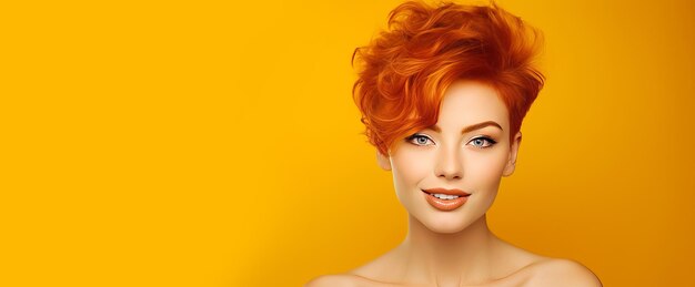 Portrait of a elegant sexy smiling woman with perfect skin and short red hair on a yellow backgroun