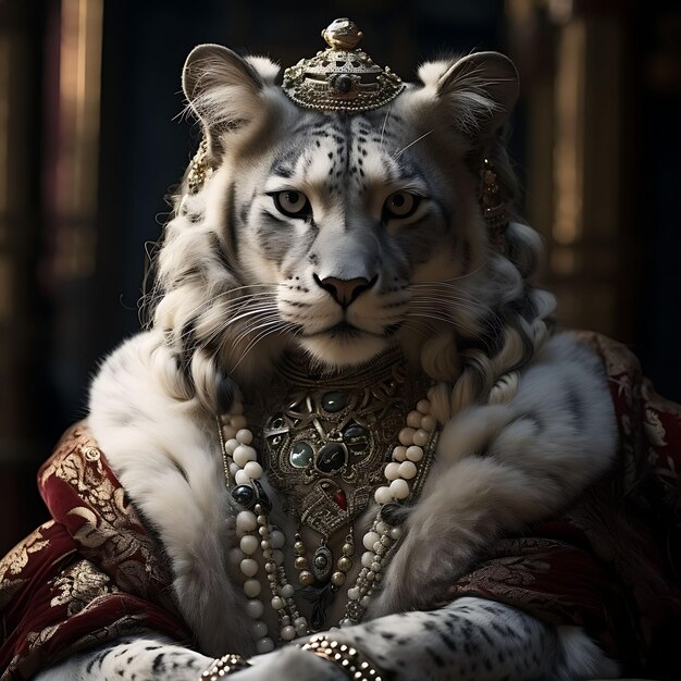 Photo portrait of an elegant snow leopard wears a medieval queens gown posing anthropomorphic character