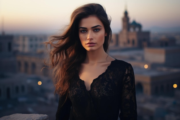 Portrait of an elegant woman on a city rooftop at dusk