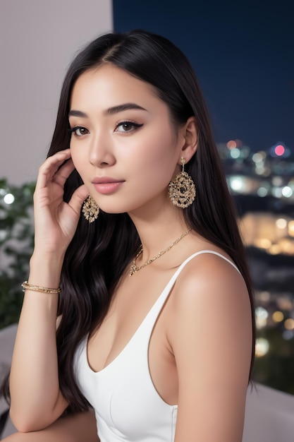 Portrait of elegant women at night with city background