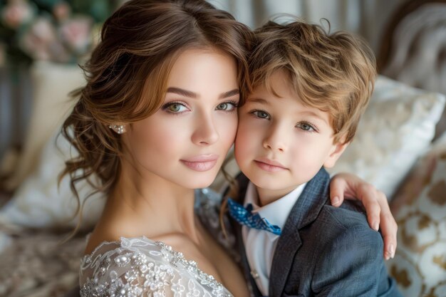 Portrait of Elegant Young Woman with Boy in Suit Graceful Lady with Child in Classic Attire