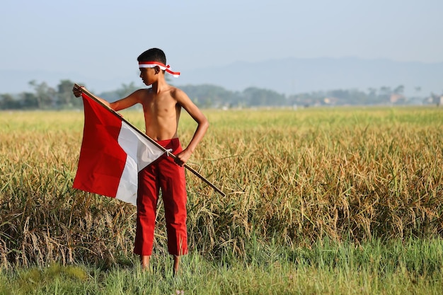 Portrait of elementary school boy on the rice field holding Indonesian flag celebrating independence