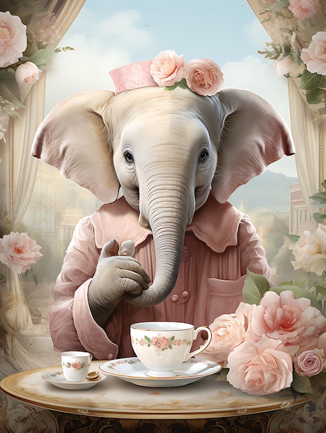 Photo portrait of elephant sipping tea from cup and saucer with prope vintage poster 2d flat design art
