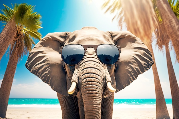 Portrait of elephant in sunglasses on a blurred background of palm trees and the beach generative ai