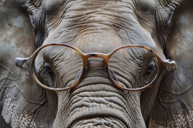 Photo portrait of an elephant wearing a pair of eyeglasses