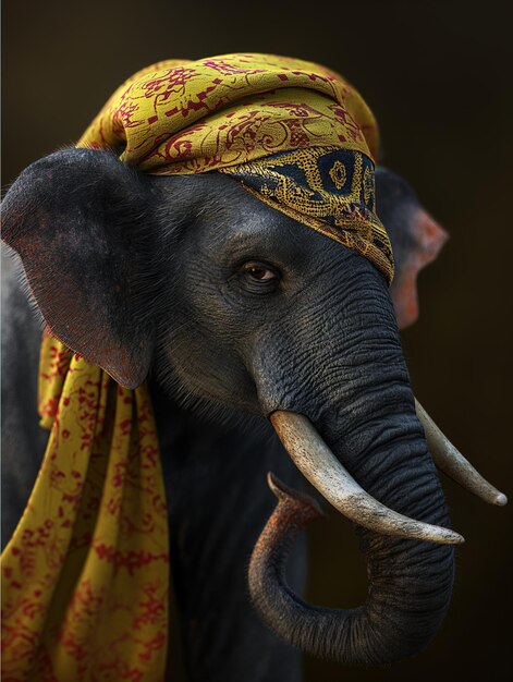 Photo portrait of an elephant with a bandana on his head