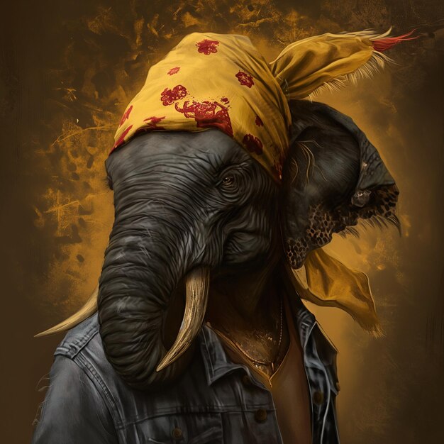 Portrait of an elephant with a bandana on his head