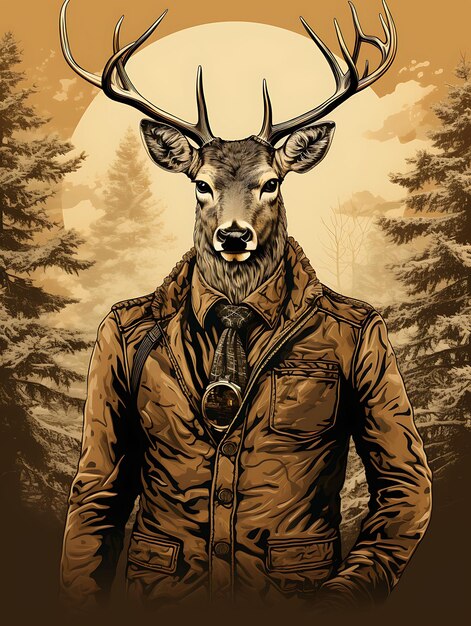 Portrait of elk wearing scarf with cool mountain guide pose poi vintage poster 2d flat design art