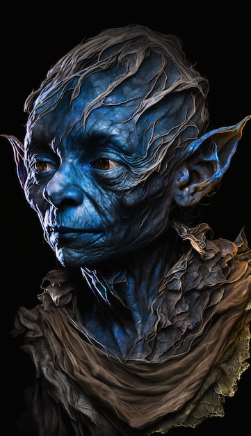 Portrait an elven goblin with translucent flowing silk fabric liquid lapir lazuli fantasy