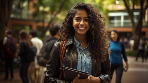 Portrait of energetic teenager girl isolated on gray background pulling forward straps of gray hipster backpack laughing happily as if anticipating friendly meeting or great leisure time in open air