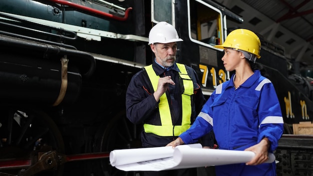 Ritratto di ingegnere e apprendista in officina della fabbrica di impianti di ingegneria ferroviaria