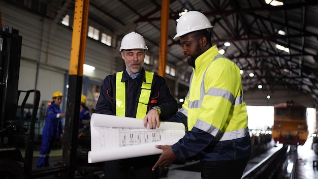 Portrait of engineer and apprentice in workshop of railway engineering facility