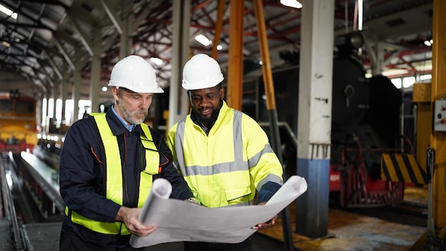 Portrait of engineer and apprentice in workshop of railway engineering facility