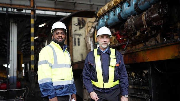 Portrait of engineer and apprentice in workshop of railway engineering facility