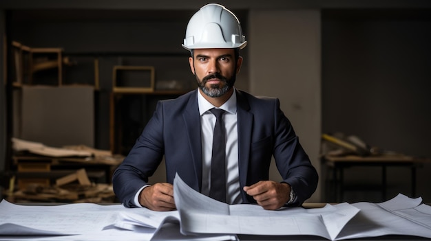 Foto ritratto di un ingegnere con un casco con progetti di costruzione