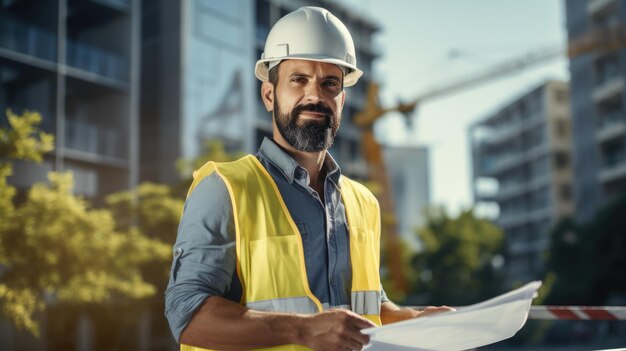 Portrait of Engineer man working with blueprints Inspection in workplace for architectural plan