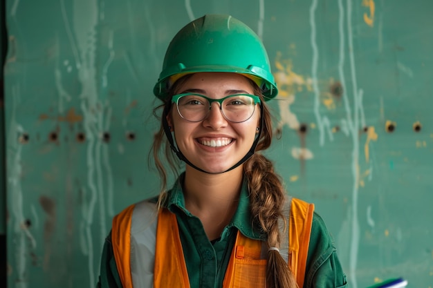 Photo a portrait of engineer woman looking construction asian woman architect with blueprint in hand and yellow helmet with select focus and use effect filter concept engineer and business work success