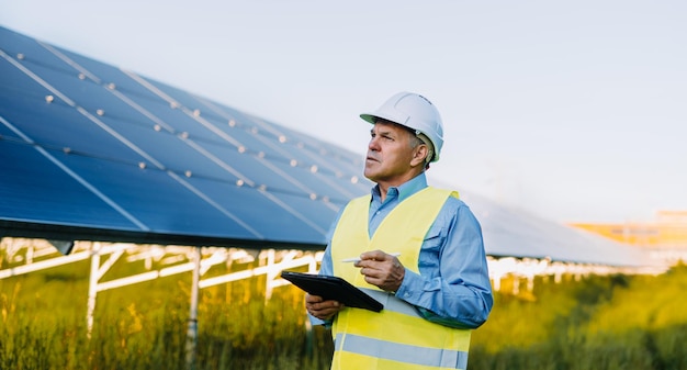 Portrait of engineer working with digital tablet at solar farm Alternative Eco energy concept