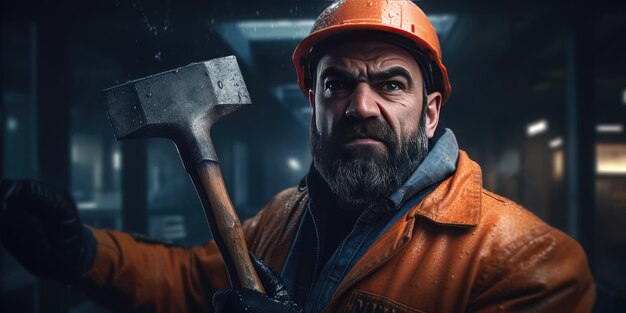 Portrait of Engineer working with hammer Showing the impact