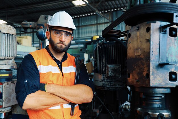 Portrait engineering with helmet working in factory