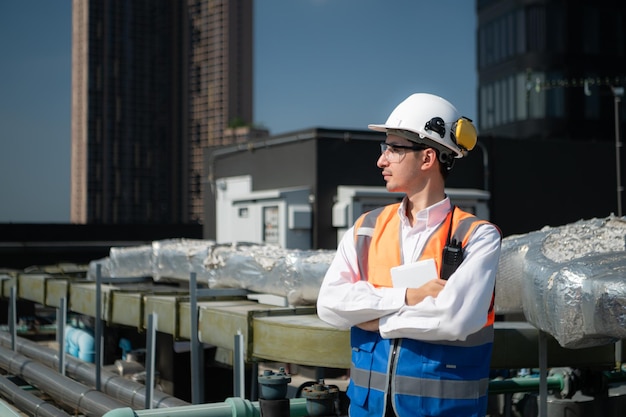 Portrait of Engineers inspect the completed air conditioning and water systems