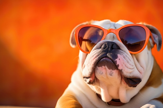 Portrait English Bulldog Dog With Sunglasses Orange Background