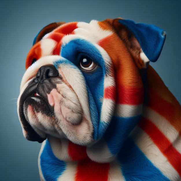 Portrait of English Bulldog in a striped scarf Studio shot