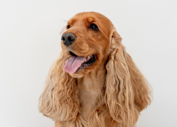 Photo portrait of english cocker spaniel dog at home on white wall background
