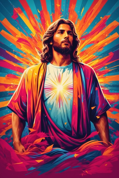 portrait of enlightened Jesus Christ showing path for salvation poster illustration