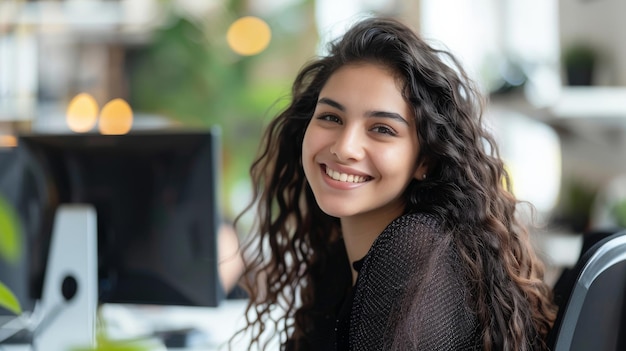 Портрет восторженной латиноамериканской молодой женщины, работающей на компьютере в современном ярком офисе, уверенного агента по кадрам, счастливо улыбающегося во время онлайн-сотрудничества с коллегами